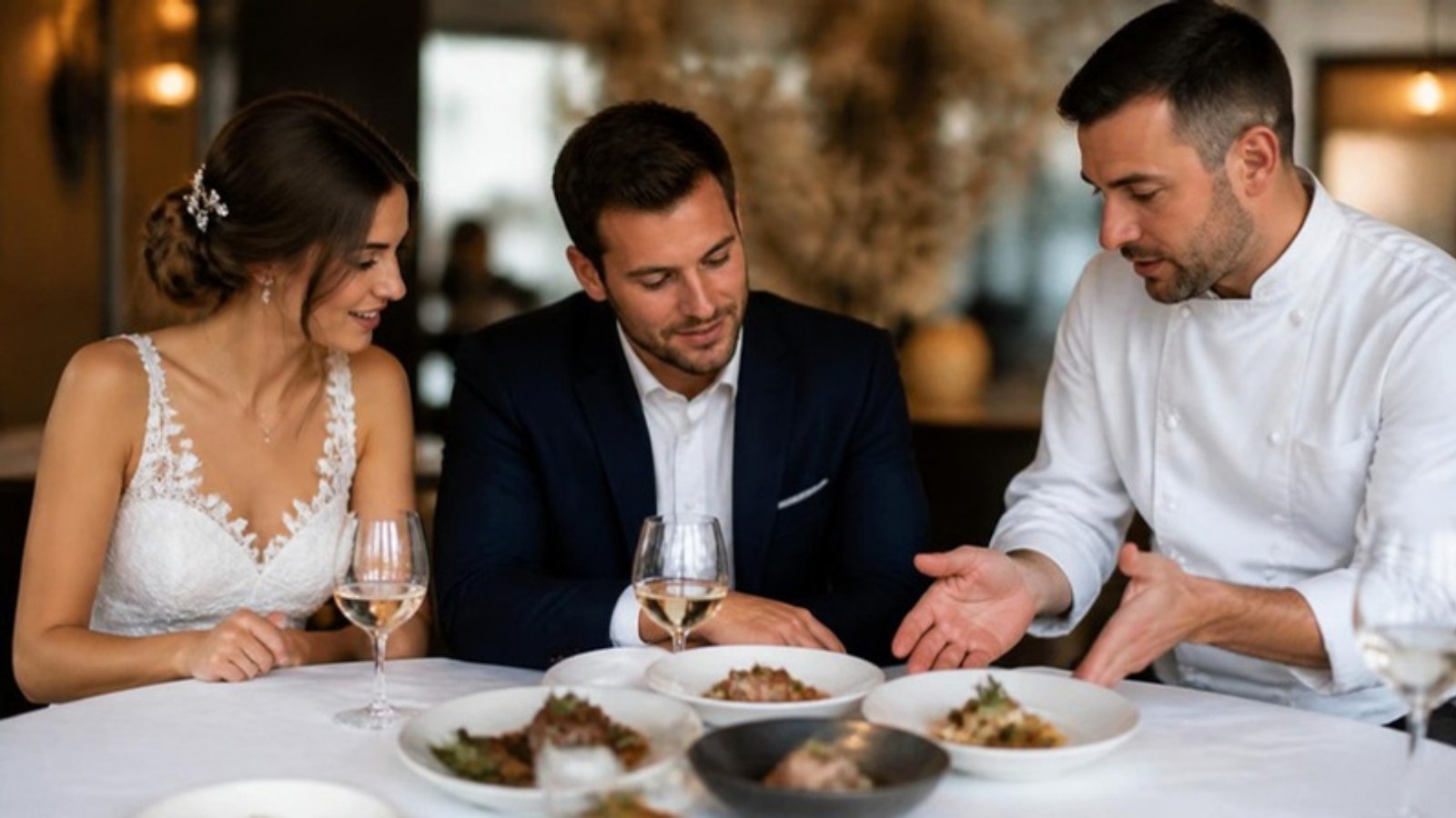 Noivos provando pratos em uma degustação com o chef explicando o cardápio
