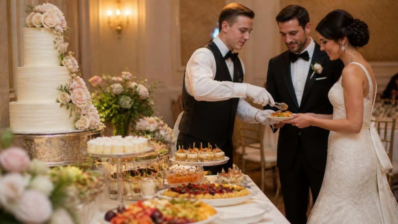 Mesa de buffet de casamento com canapés, doces e bolo, enquanto o garçom serve os noivos