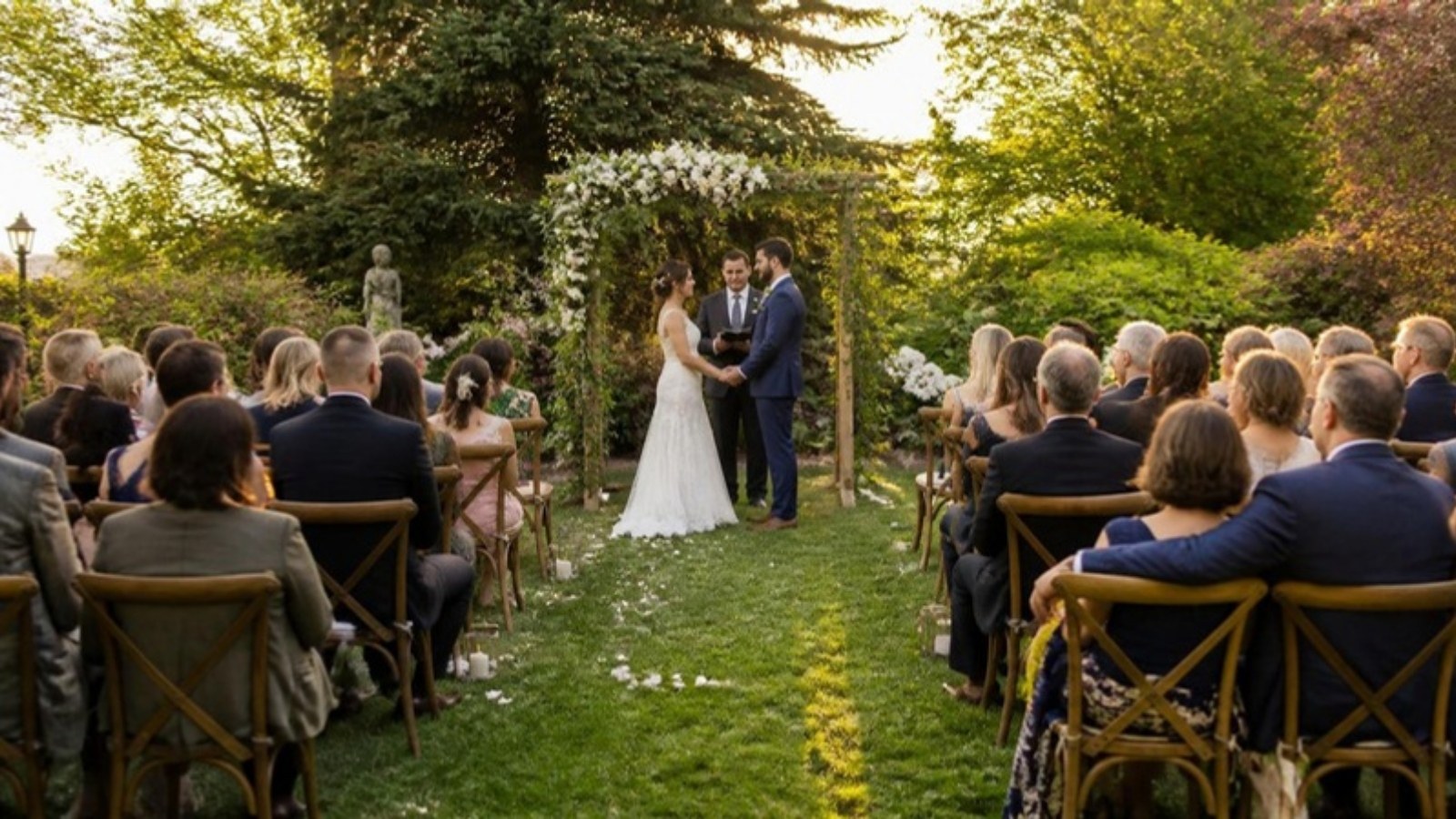 Cerimônia de casamento pequena em um jardim, com poucos convidados em cadeiras de madeira e os noivos sob um arco de flores