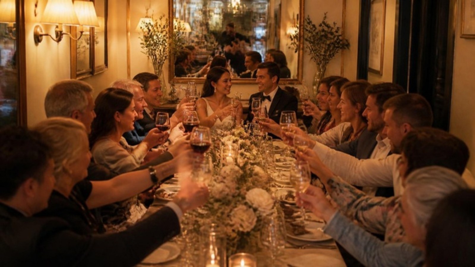Jantar de casamento pequeno em um restaurante, com amigos e familiares brindando em volta de uma mesa longa com velas e flores