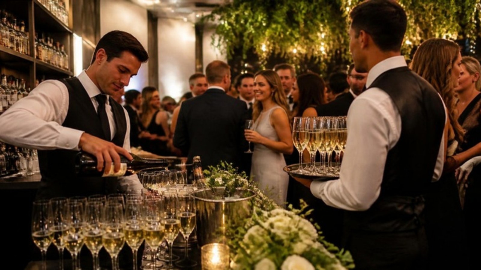 Bartender servindo espumante enquanto garçons circulam com bandejas entre os convidados de uma recepção de casamento