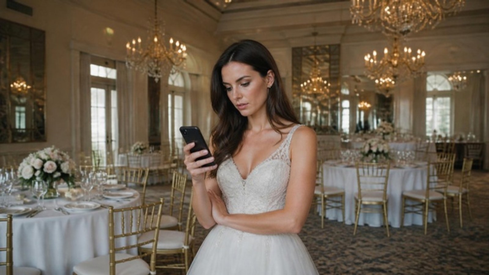 Noiva em um salão de festa olhando o celular enquanto calcula os custos do casamento