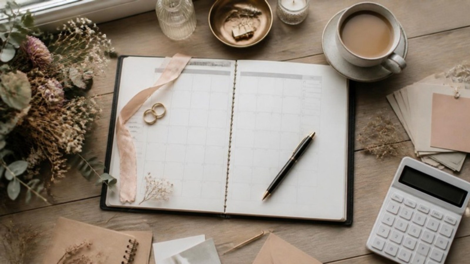 Mesa de planejamento com planner aberto no calendário, alianças em uma fita, caneta, calculadora e uma xícara de café