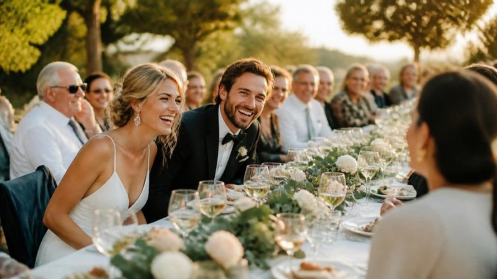 Noivos rindo à mesa comprida com convidados em um casamento pequeno ao ar livre