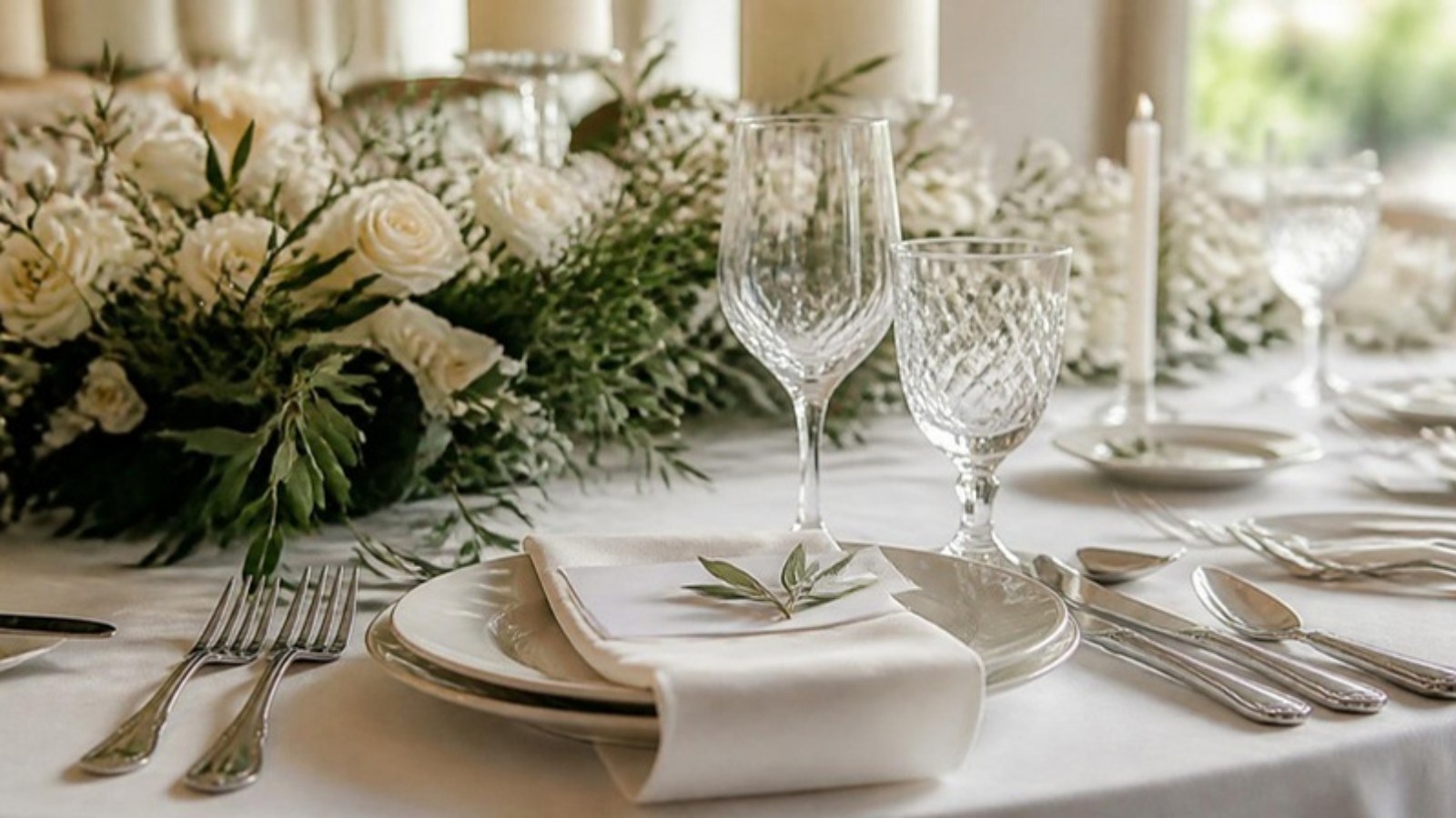 Mesa de casamento posta com pratos, taças de cristal, guardanapo e arranjo de flores brancas