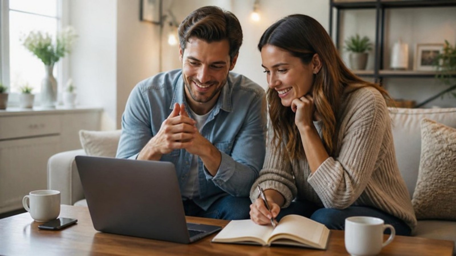 Casal sentado no sofá planejando o casamento com um laptop e um caderno